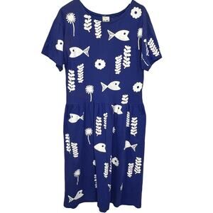 VTG Cotton Fields by M Mac Womens Petite L Blue Stencil Fish Print Maxi Dress